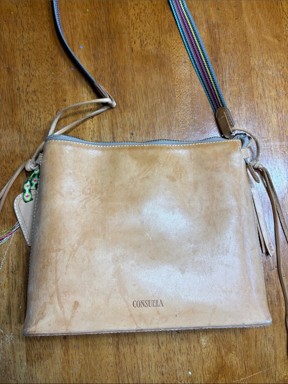 Consuela Light Tan Leather Crossbody with Colorful Strap